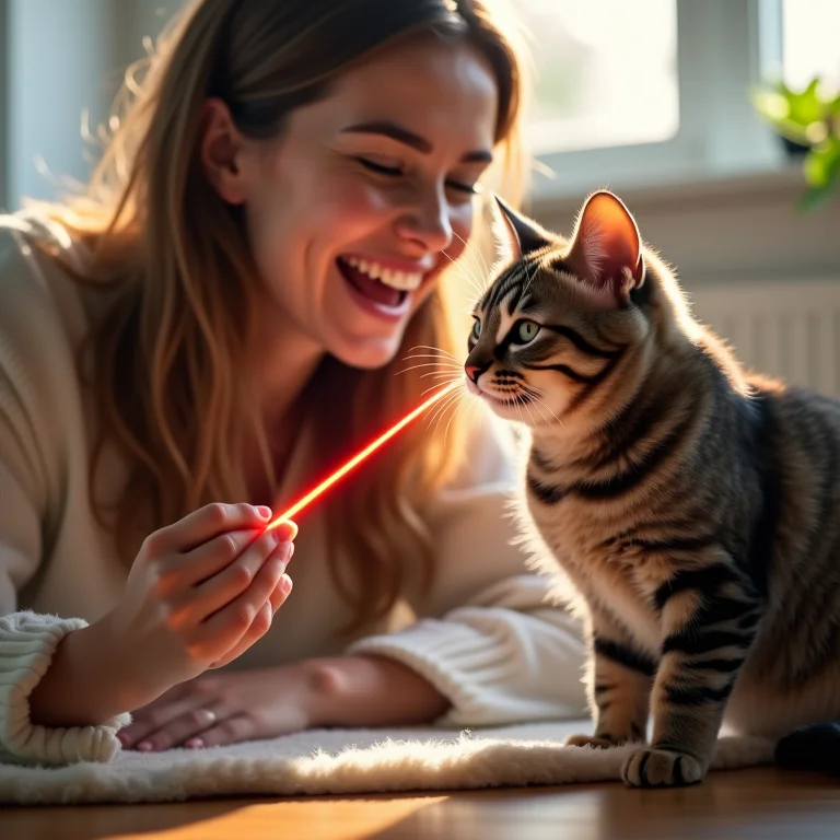 Mulher brincando com laser com gato