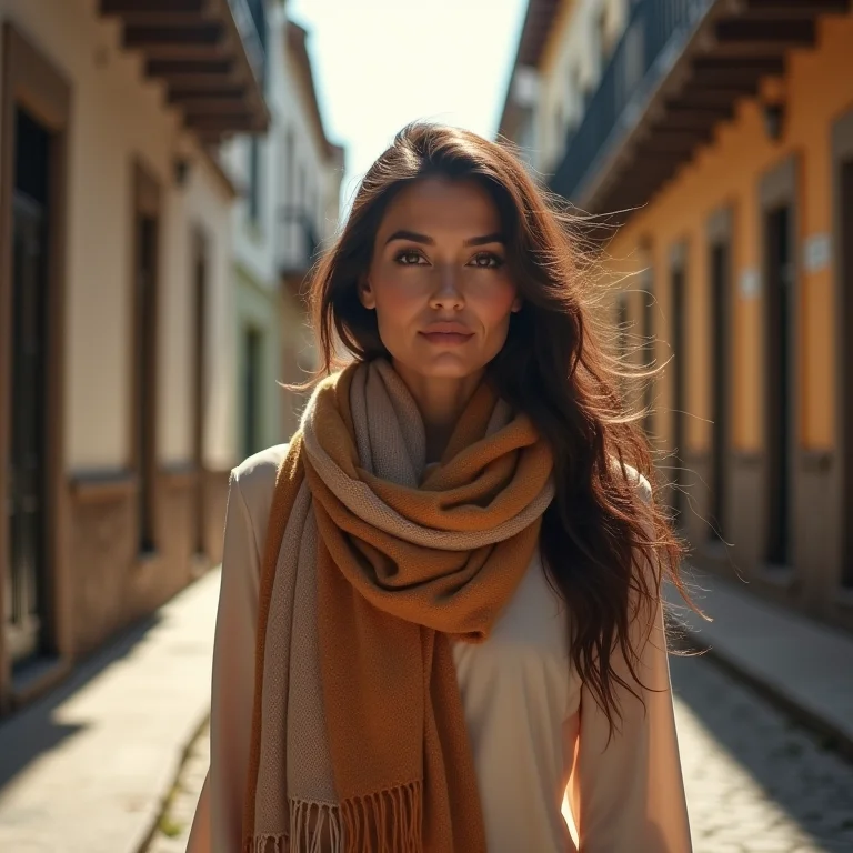 Mulher caminhando pelas ruas históricas de Curitiba com um lenço.