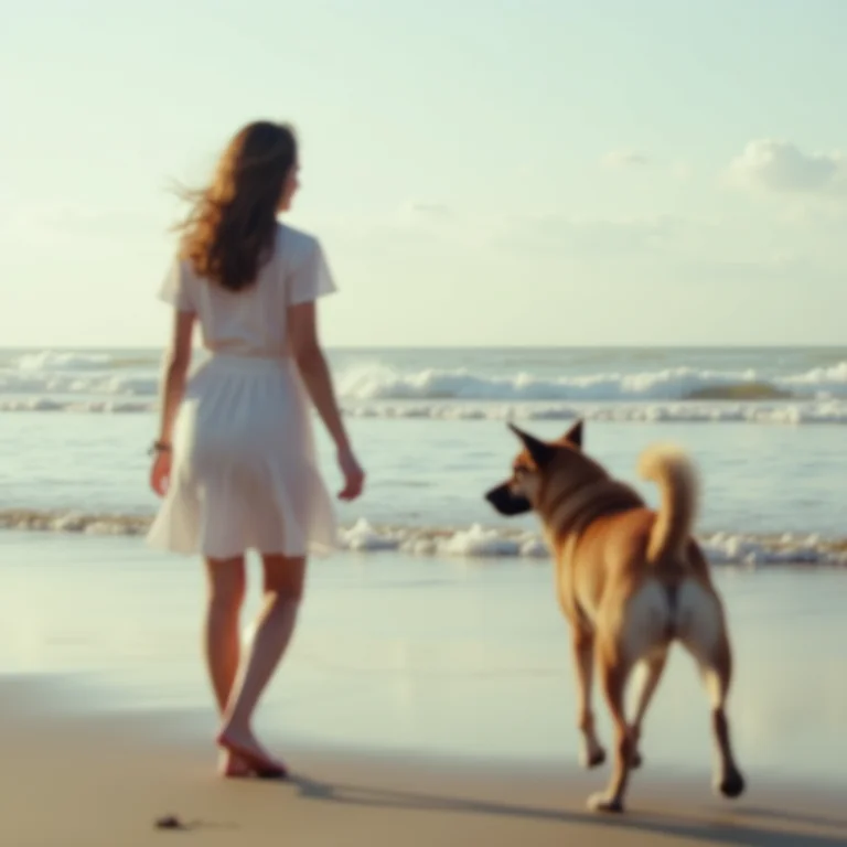 Mulher chamando seu cachorro na praia