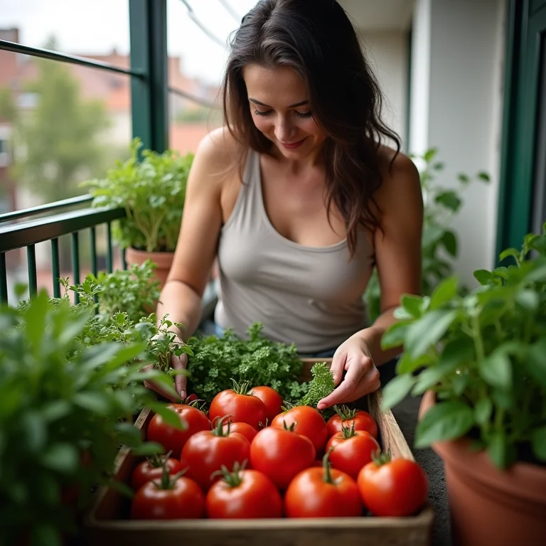 Mulher colhendo tomates e ervas em sua horta na varanda.