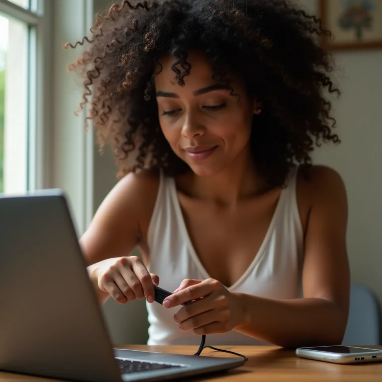 Mulher conectando cabo USB em notebook