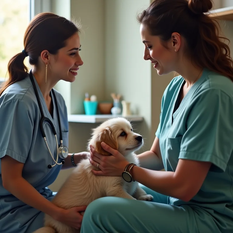 Mulher consultando veterinário sobre filhote