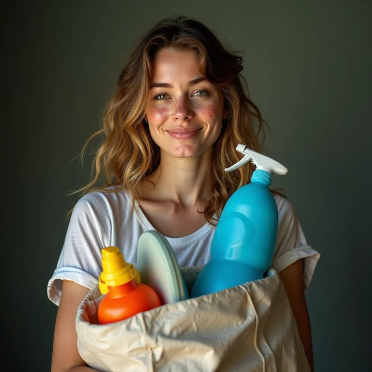 Mulher descartando produtos de limpeza