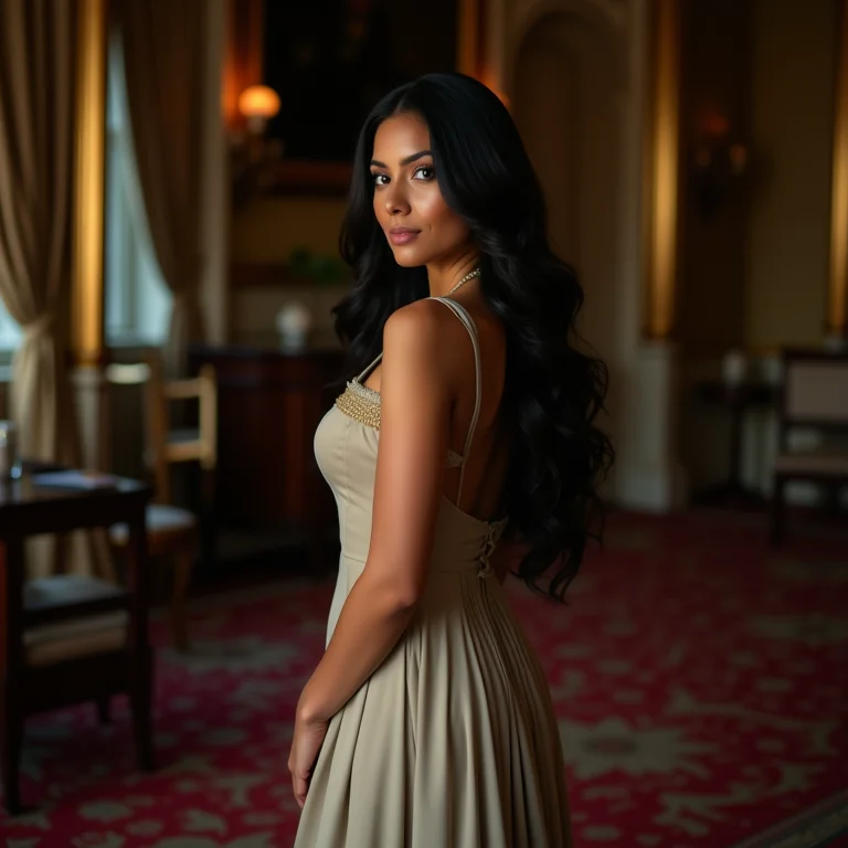 Mulher em um salão luxuoso estilo Downton Abbey