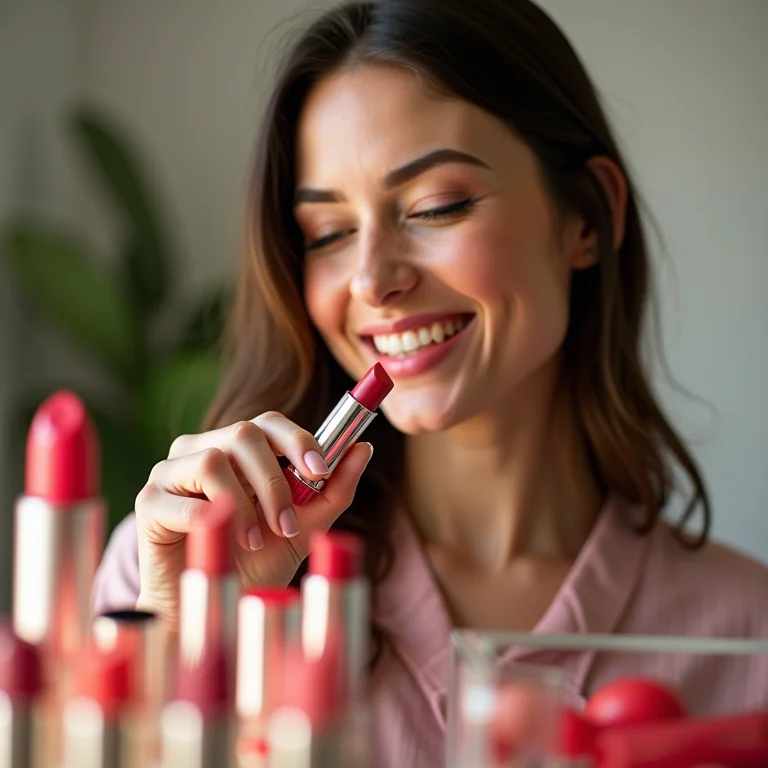 Mulher escolhendo batom em um expositor de acrílico