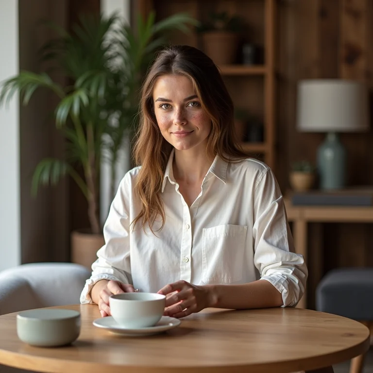 Mulher escolhendo o formato ideal de mesa de centro