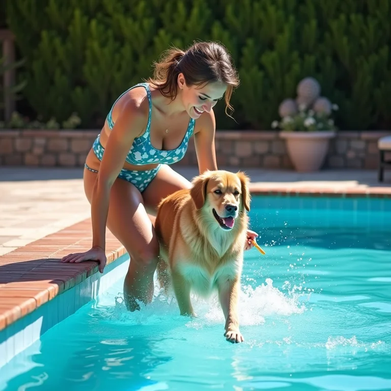 Mulher gorda ensinando cachorro a sair da piscina.