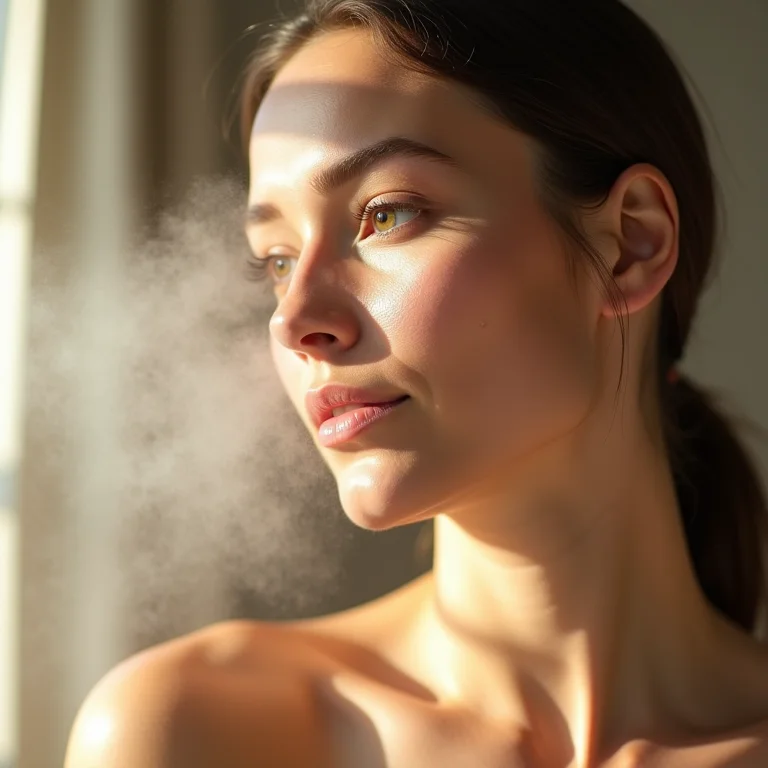 Mulher gorda hidratando a pele com bruma facial