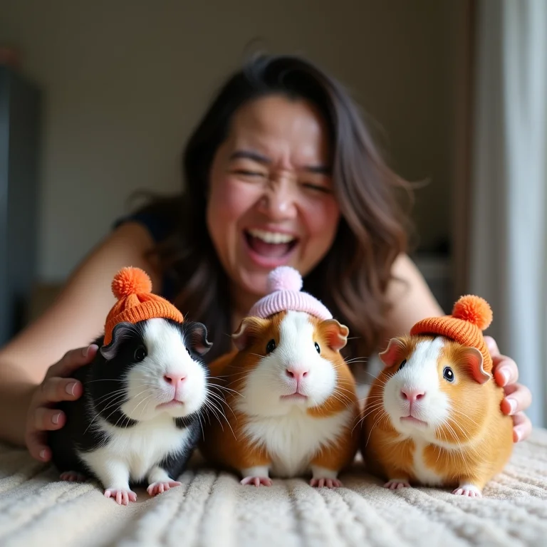 Mulher gorda rindo com porquinhos-da-índia engraçados