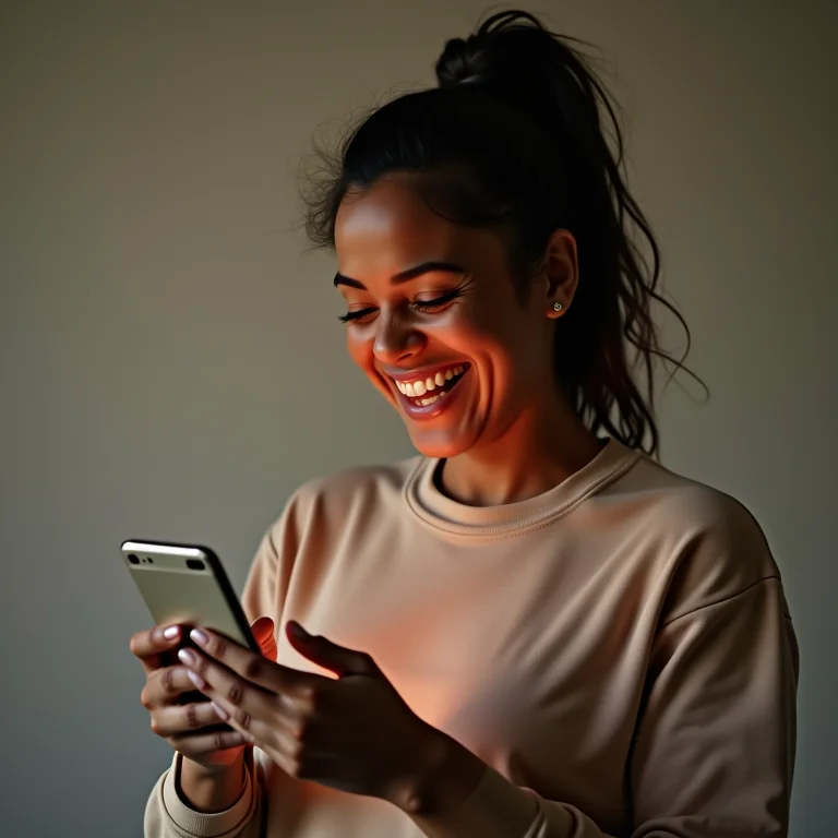 Mulher gorda rindo enquanto usa app para prints.