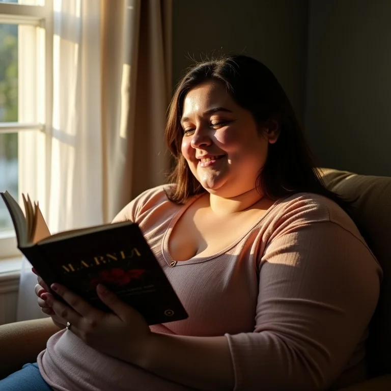 Mulher gorda sorrindo com livro de Nárnia