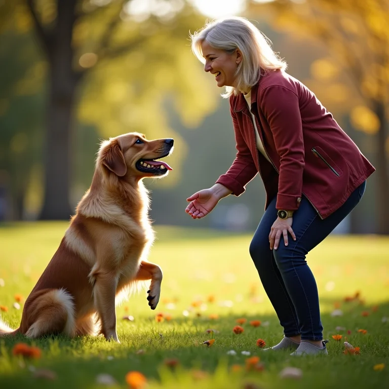 Mulher gorda sorrindo enquanto treina seu cachorro no parque