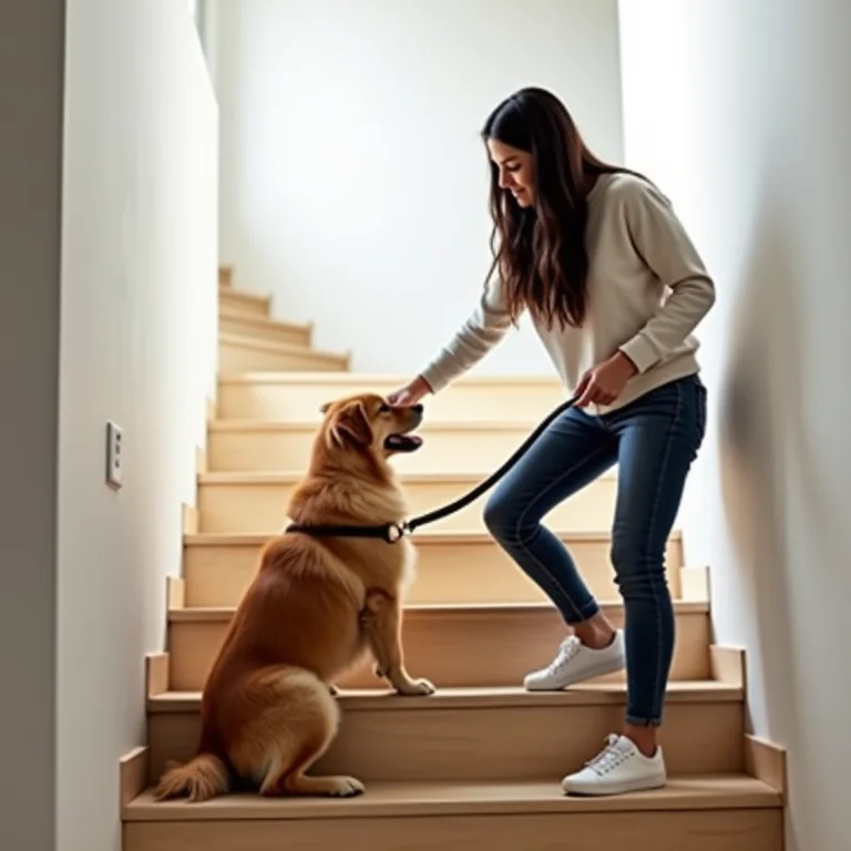 Mulher guiando o cachorro na escada
