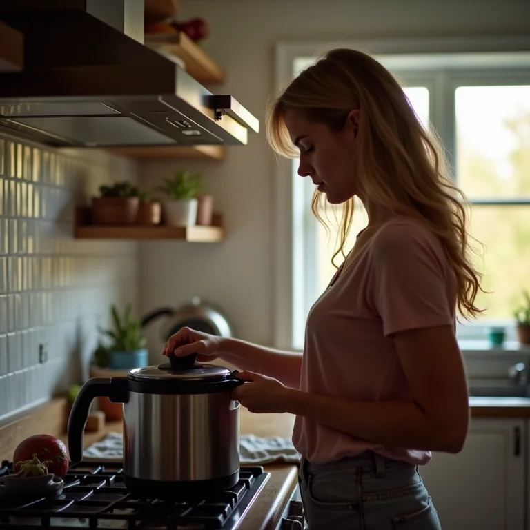 Mulher inspecionando panela de pressão elétrica recondicionada