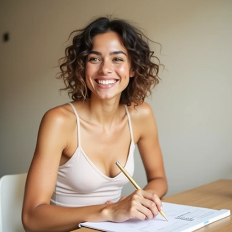 Mulher latina acompanhando seu progresso em metas no Notion.