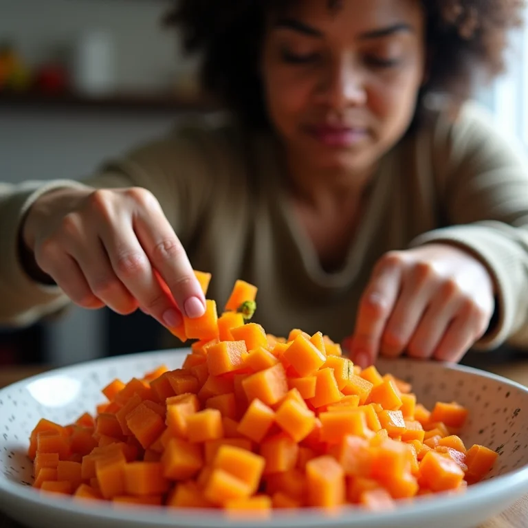 Mulher latina adicionando legumes ao patê caseiro para gato