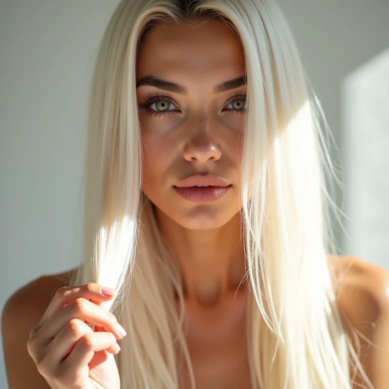 Mulher latina analisando a cor do cabelo platinado