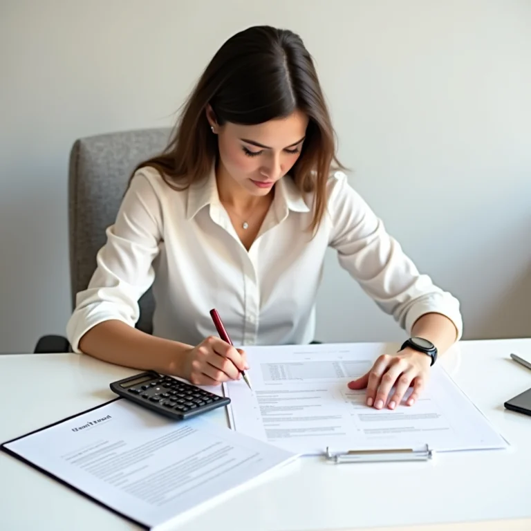 Mulher latina analisando documentos financeiros e legais