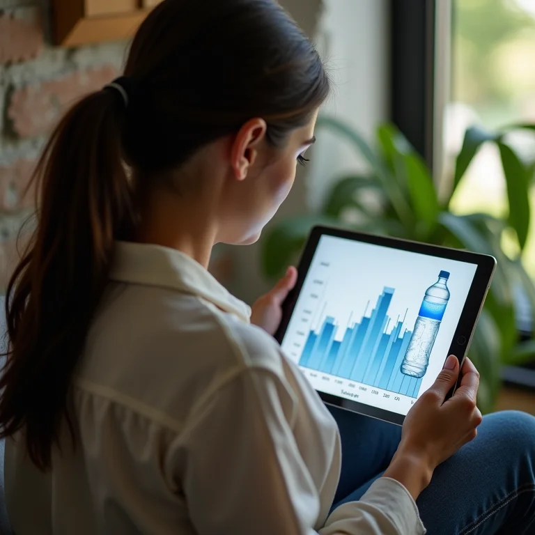 Mulher latina analisando gráfico de consumo de água no tablet.