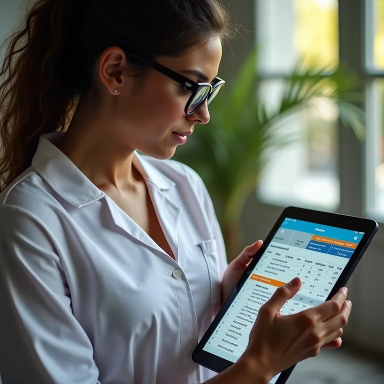 Mulher latina anotando informações de medicamentos em uma planilha.