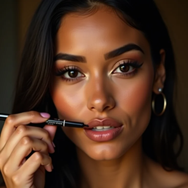Mulher latina aplicando lápis de boca Kryolan.