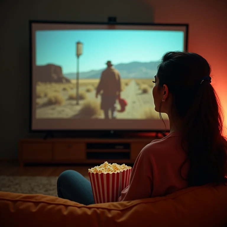 Mulher latina assistindo ao filme 'Três Homens em Conflito' em uma tela de projeção antiga.