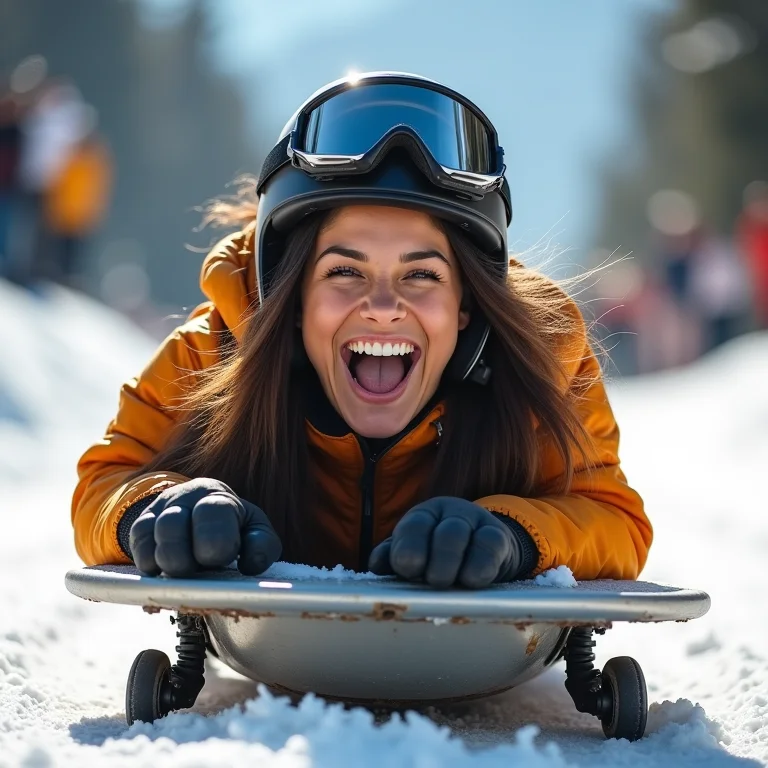 Mulher latina celebrando após corrida de luge