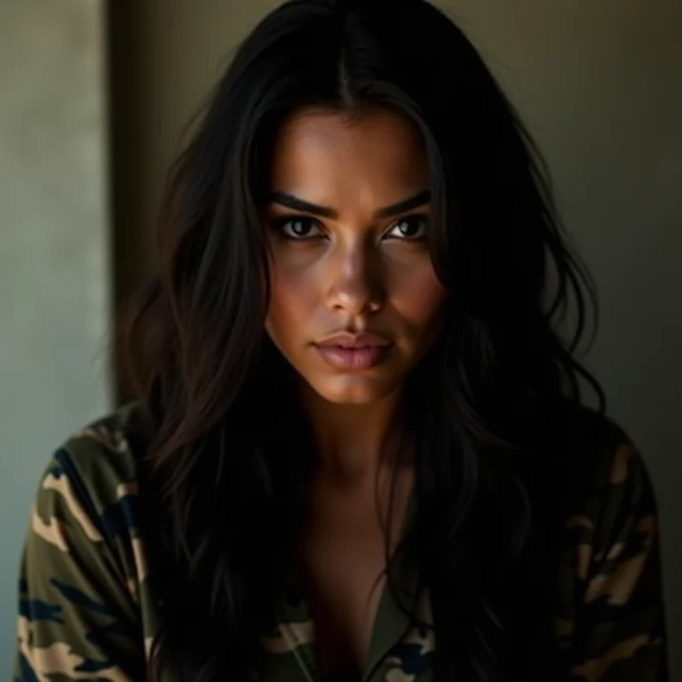 Mulher latina com cabelo longo e escuro, vestindo roupas de camuflagem.