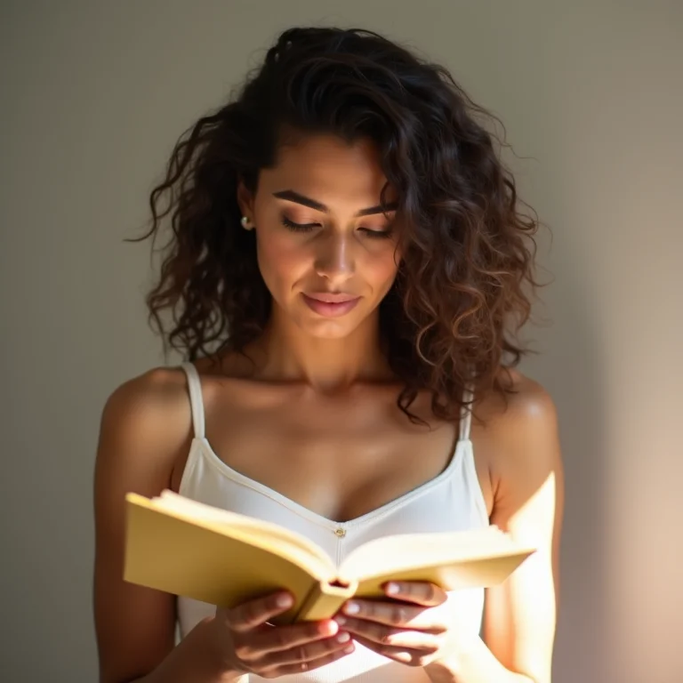 Mulher latina com expressão cética lendo sobre mitos de cabelo