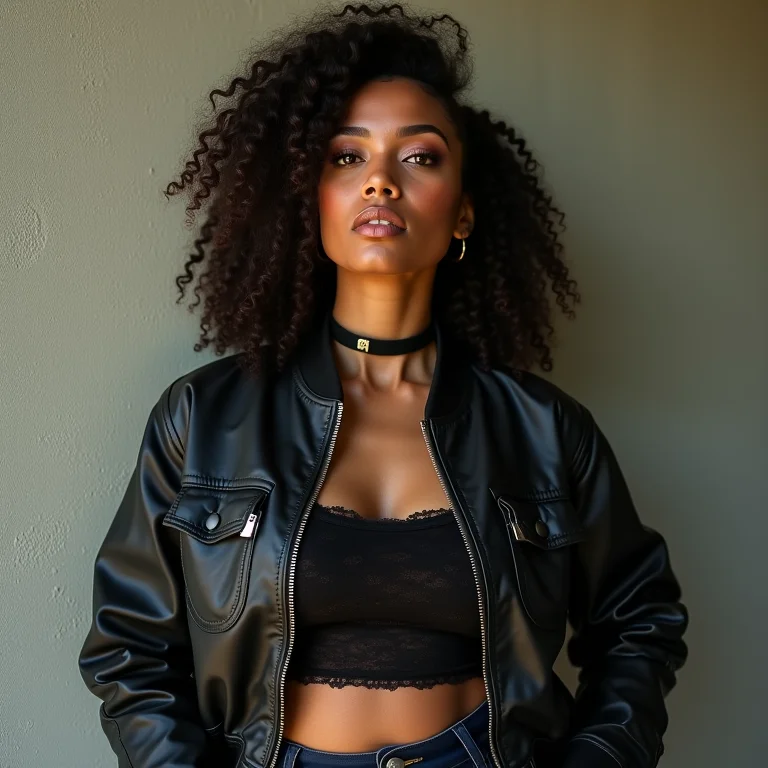 Mulher latina com look rocker e jaqueta bomber