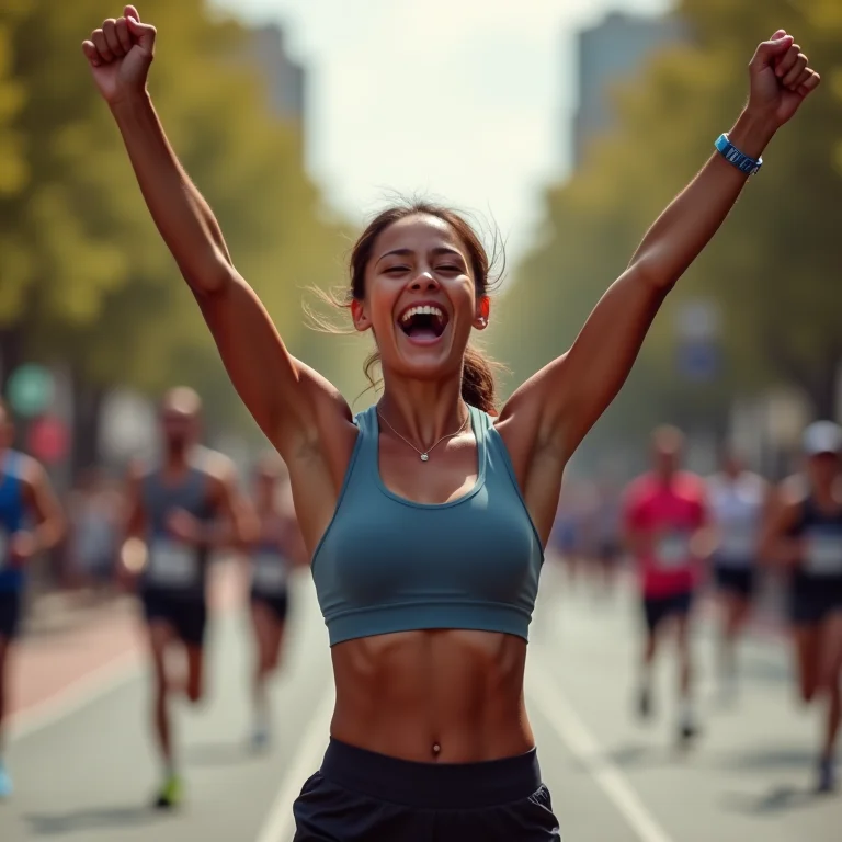 Mulher latina comemora vitória em maratona.