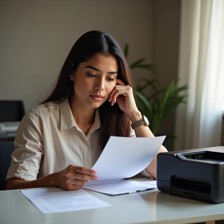 Mulher latina comparando impressões de tanque de tinta e cartucho.