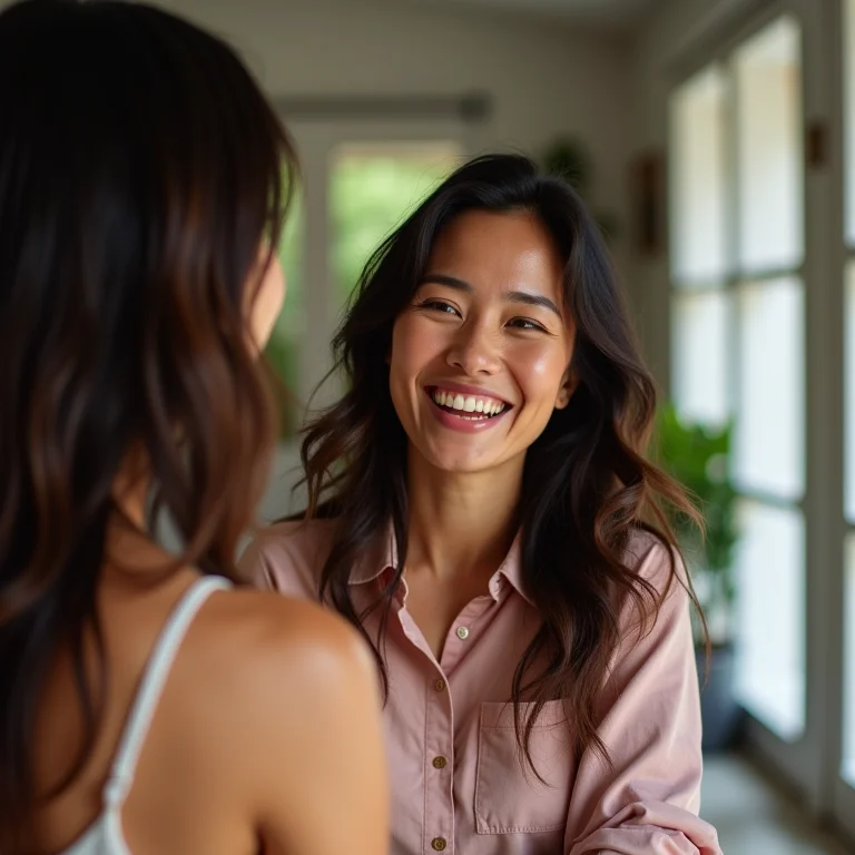 Mulher latina conversando amigavelmente com hóspede de Airbnb