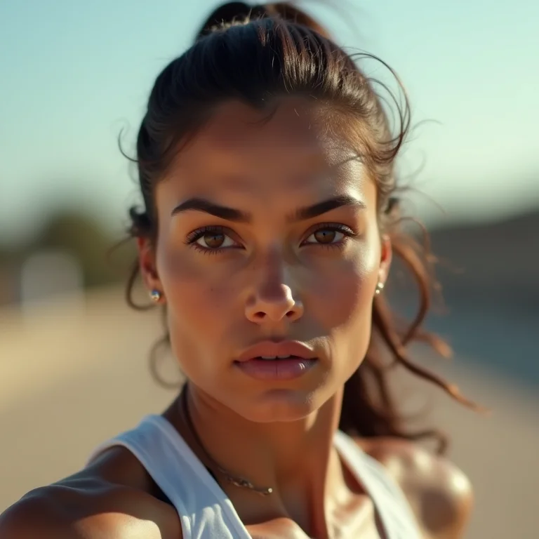 Mulher latina correndo e atirando em competição de pentatlo