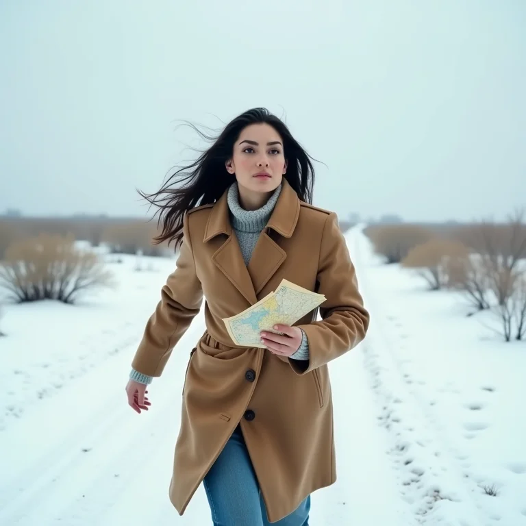 Mulher latina correndo em paisagem desolada com mapa antigo.
