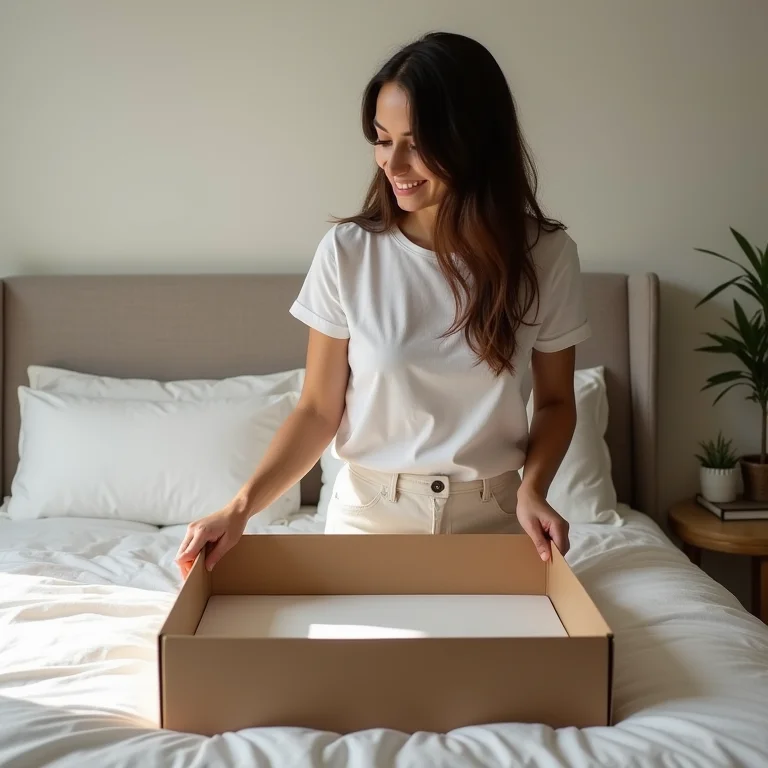 Mulher latina demonstrando sistema de abertura de cama box com baú