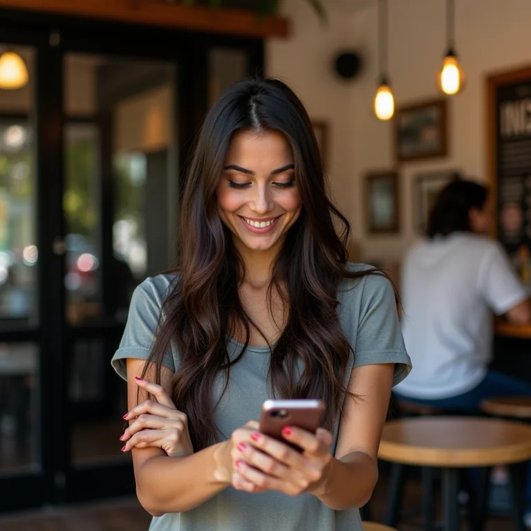 Mulher latina descobrindo um café escondido com a ajuda do Google Maps.