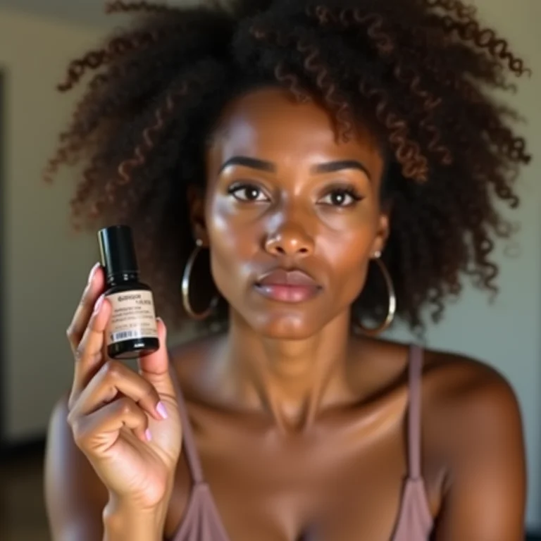 Mulher latina desconfiada de produto de maquiagem com sinais de alerta