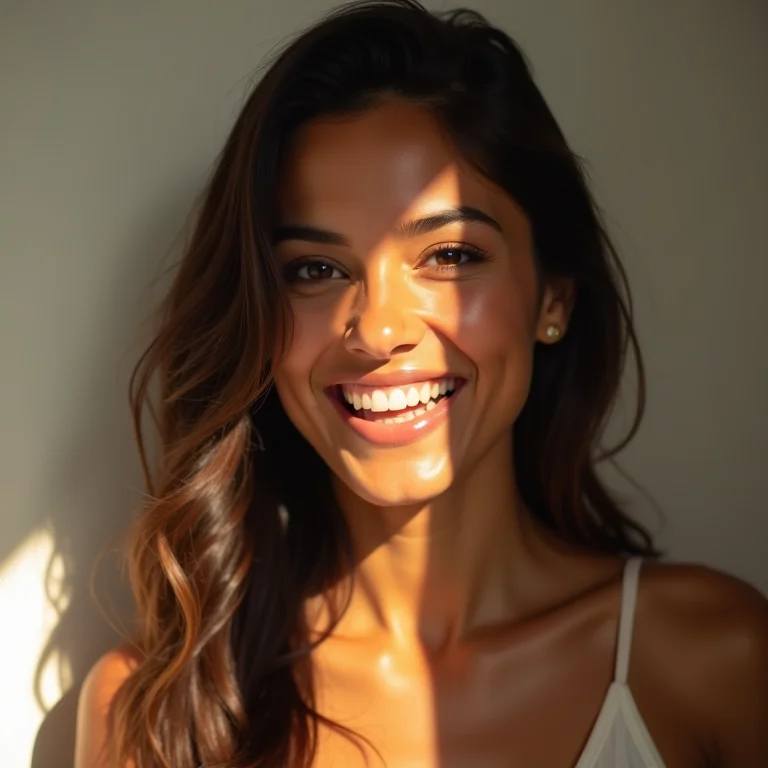 Mulher latina dizendo o nome da marca em voz alta, representando a facilidade de pronúncia.