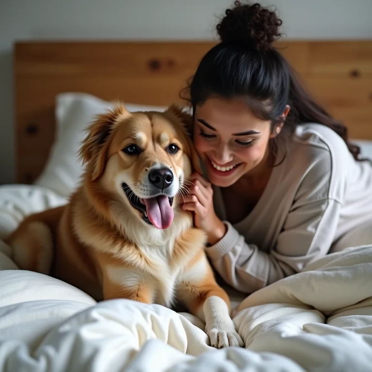 Mulher latina elogiando seu cachorro em sua cama.