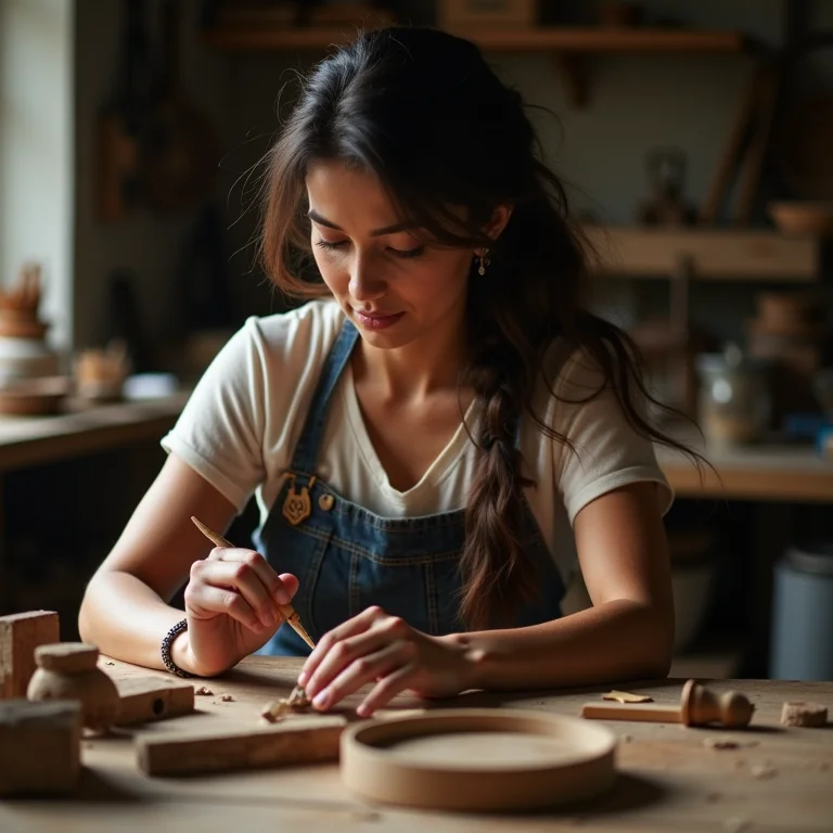 Mulher latina examinando produtos artesanais.