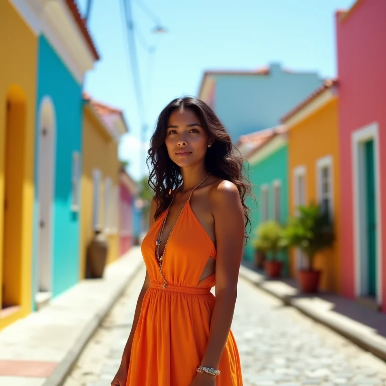 Mulher latina explorando as ruas vibrantes de Nassau, Bahamas