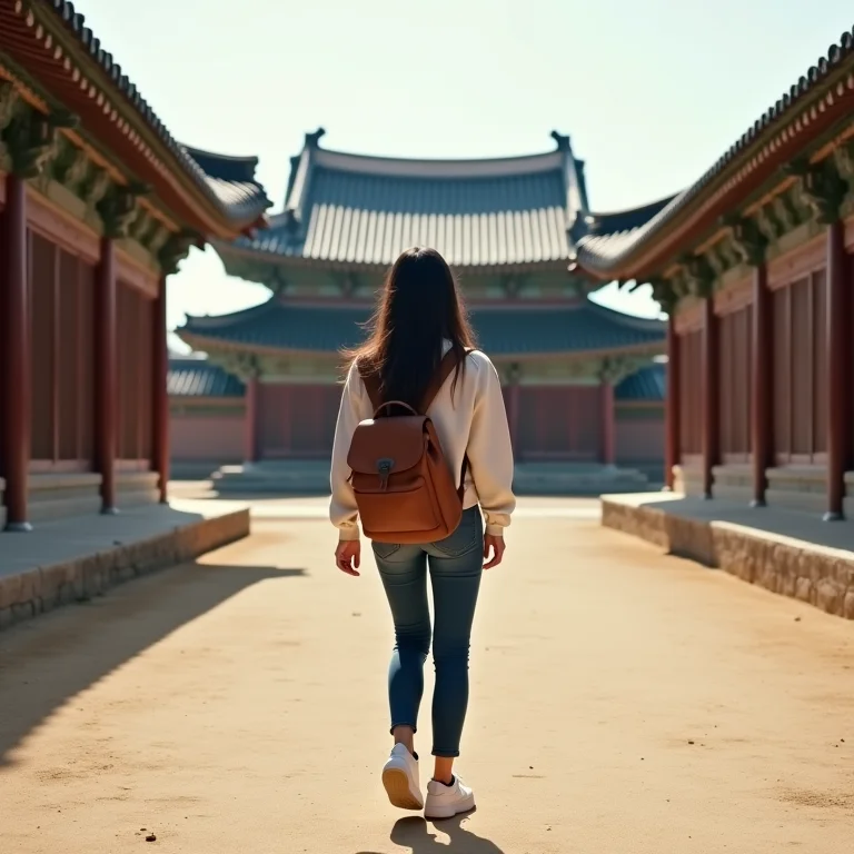 Mulher latina explorando um palácio histórico coreano