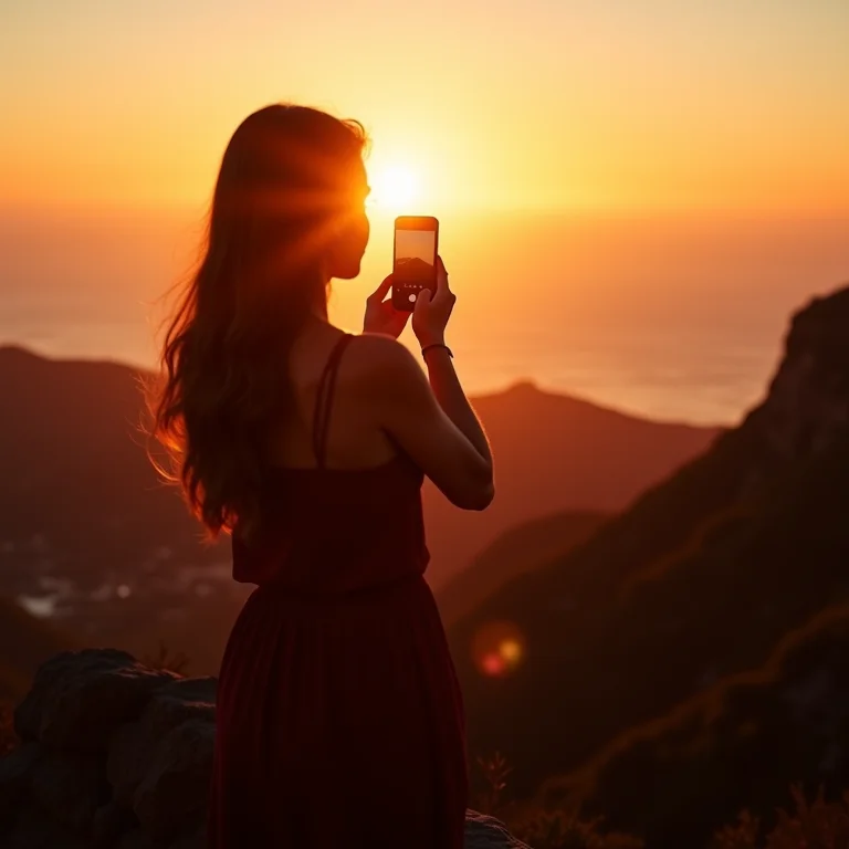 Mulher latina fotografando o pôr do sol no Mirante do Encanto