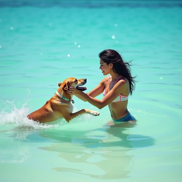 Mulher latina incentivando cachorro a nadar sozinho.