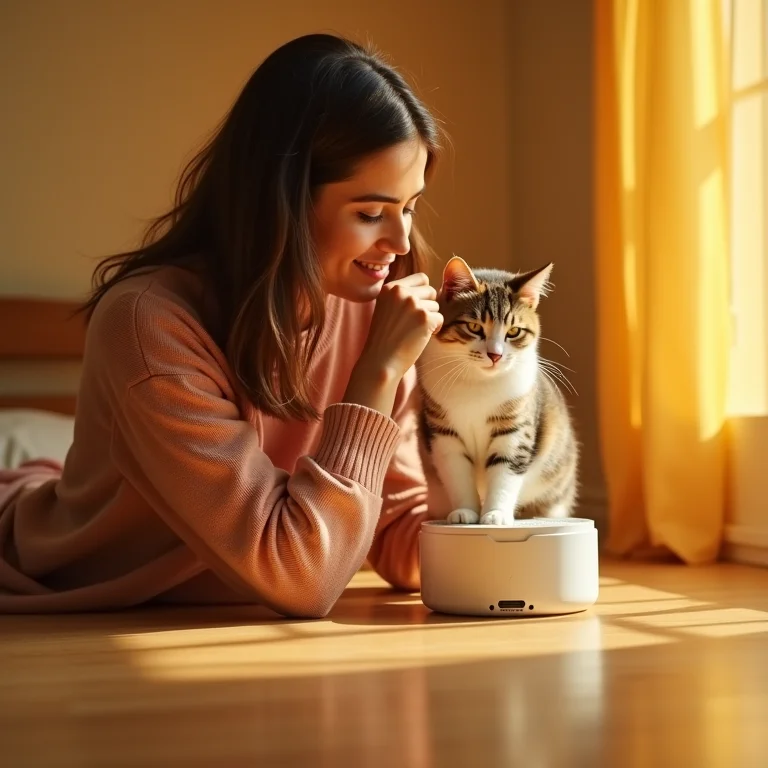 Mulher latina interagindo com alimentador automático Furacão Pet