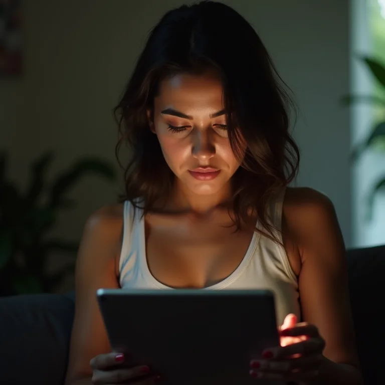 Mulher latina lendo sobre corrupção na Arena da Amazônia.