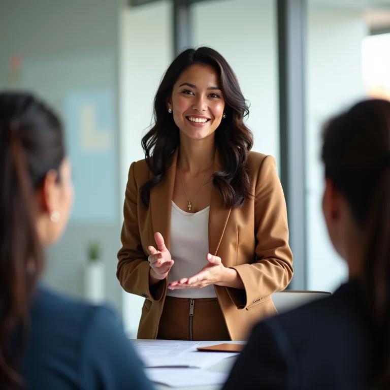 Mulher latina liderando uma apresentação em um escritório moderno, exemplificando a aplicação prática do PDI.