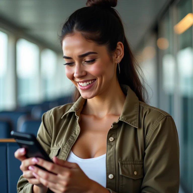 Mulher latina monitorando os preços de voos no celular.