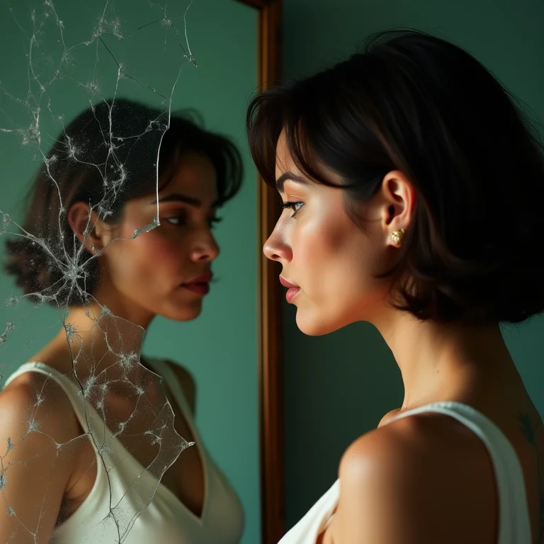 Mulher latina olhando para espelho quebrado com reflexos distorcidos